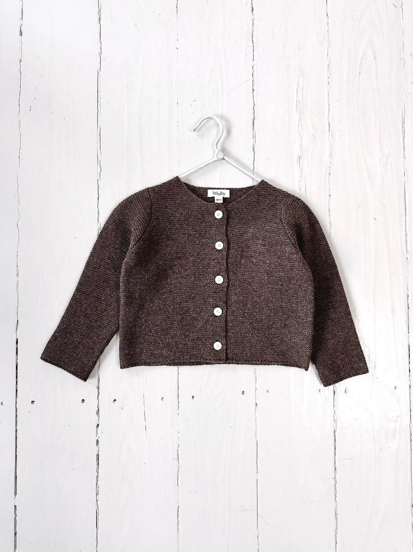 Lalaby Kuro cardigan for babies in chocolate brown merino wool