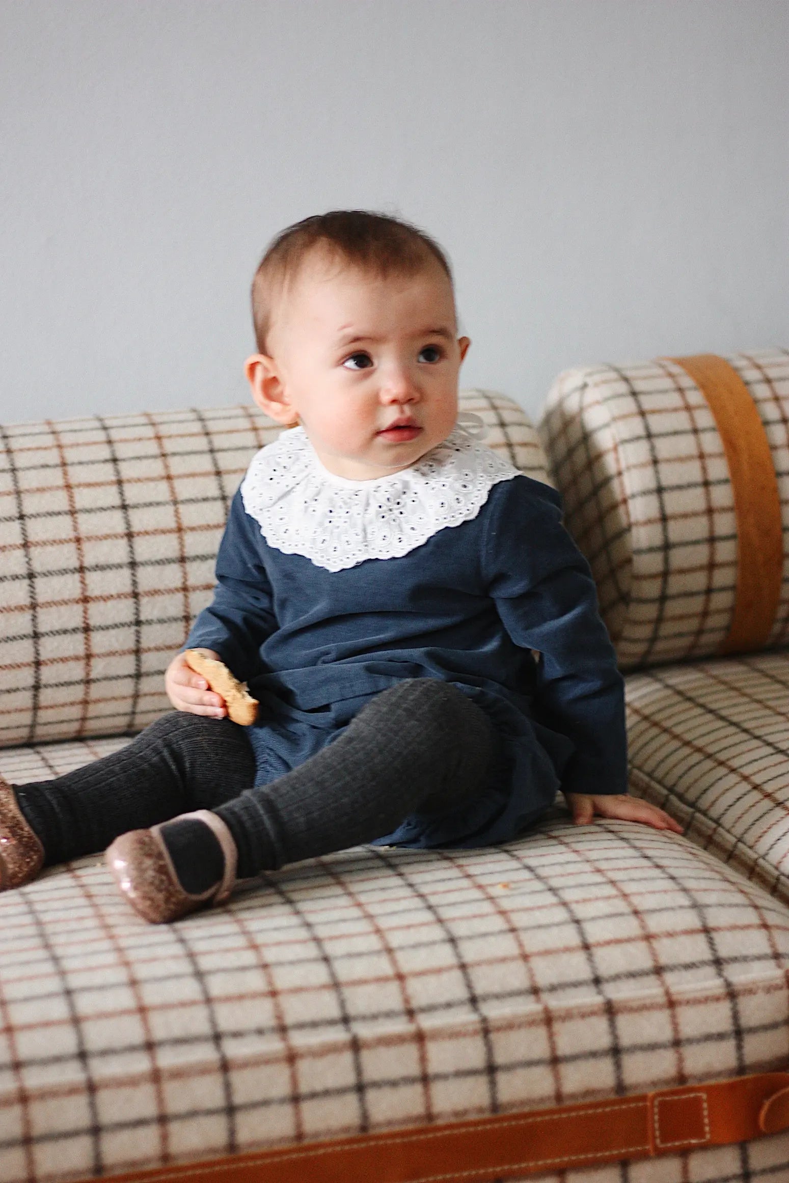 Baby girl wearing Lalaby Lucy set in whale blue cotton baby corduroy