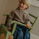 Boy wearing Lalaby Maxi pants for kids in whale blue cotton baby cord