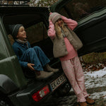 Boy wearing Lalaby Maxi pants for kids in whale blue cotton baby cord