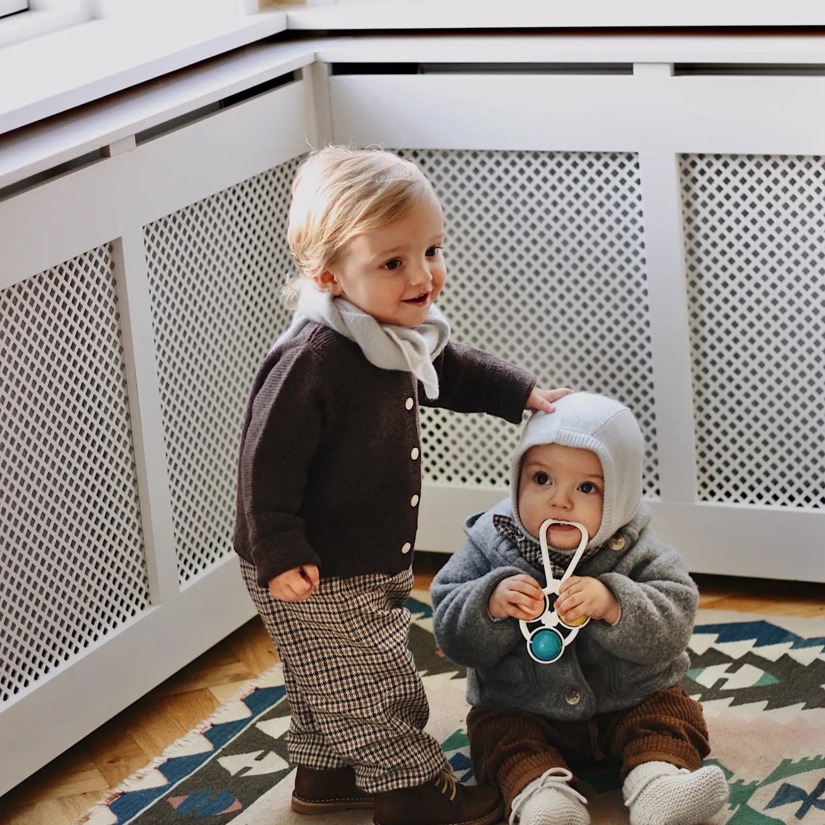 Baby boy wearing Lalaby Mio balaclava in bluey light blue cashmere
