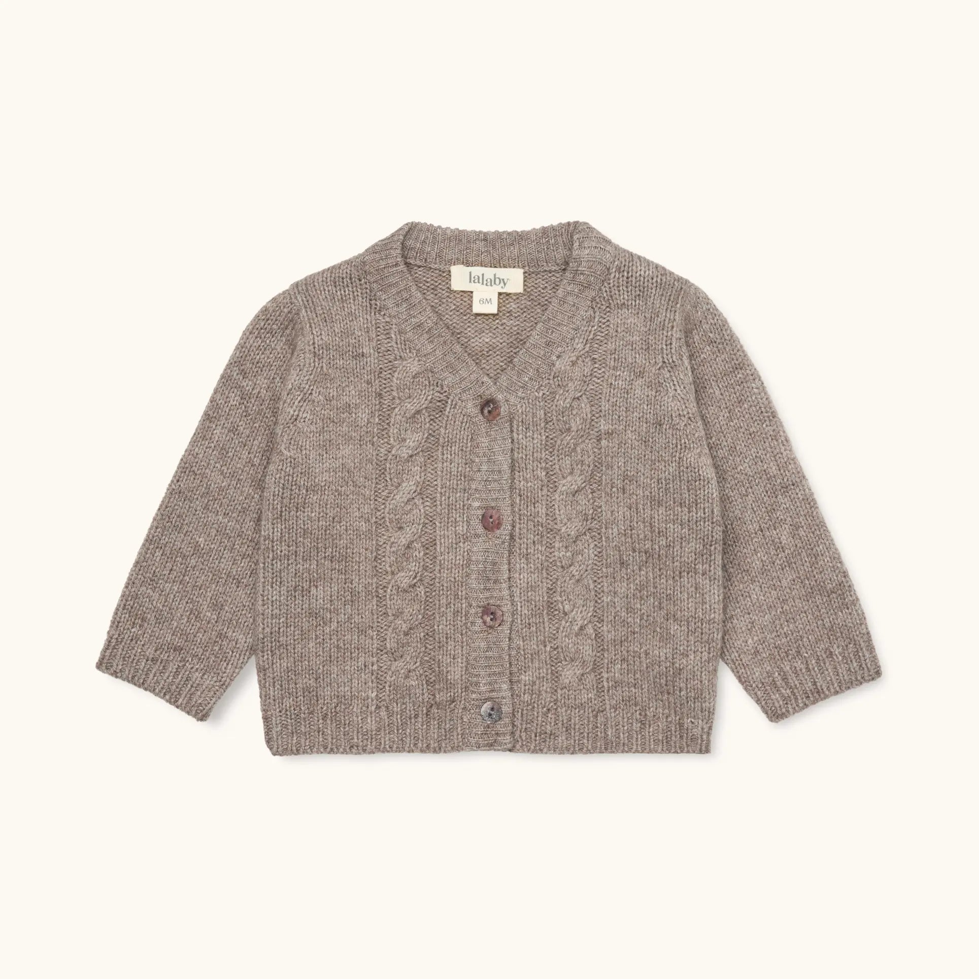 Lalaby Nomi cardigan for babies in a millet brown baby wool, yak and cashmere blend