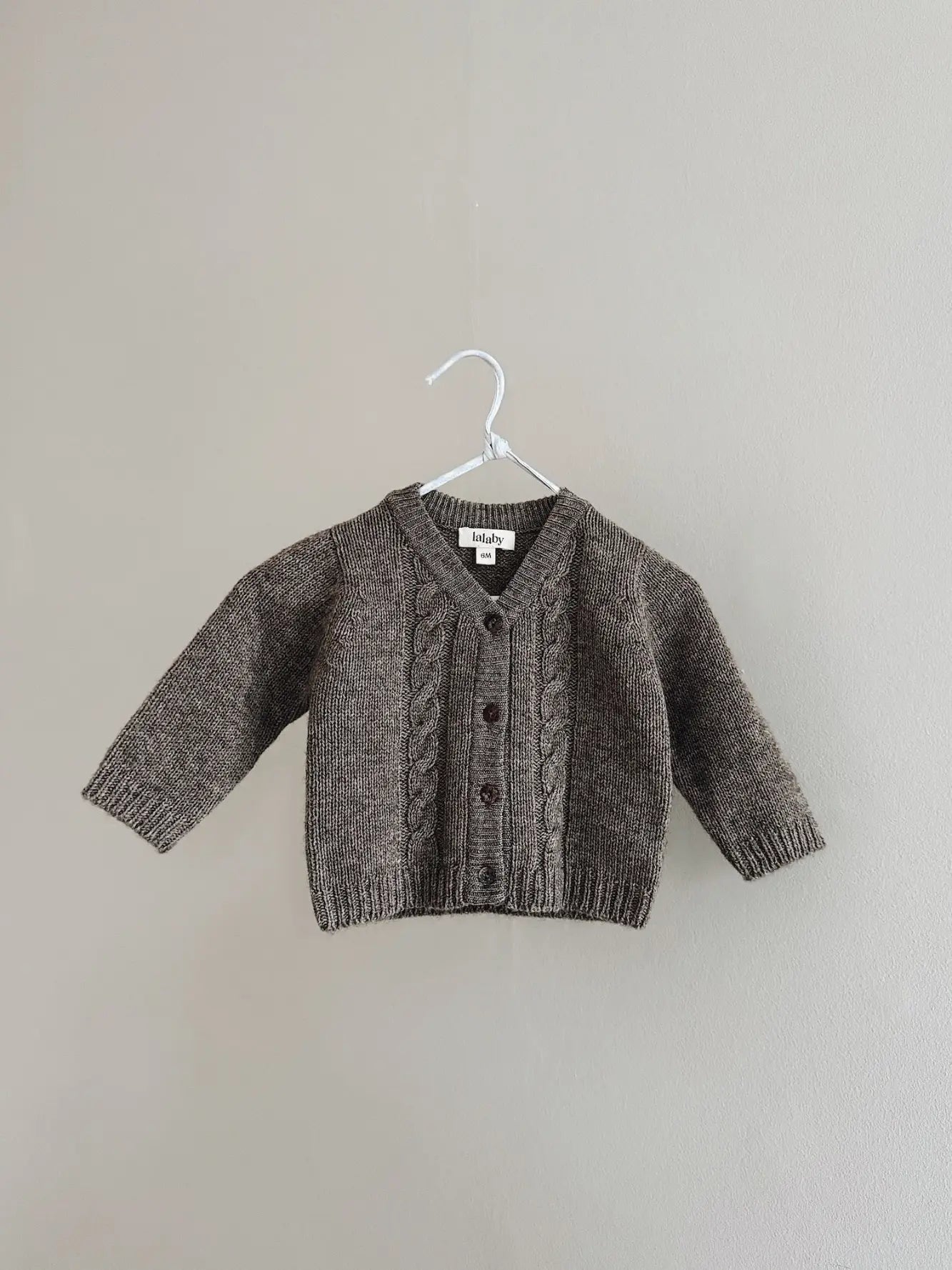 Lalaby Nomi cardigan for babies in a millet brown baby wool, yak and cashmere blend