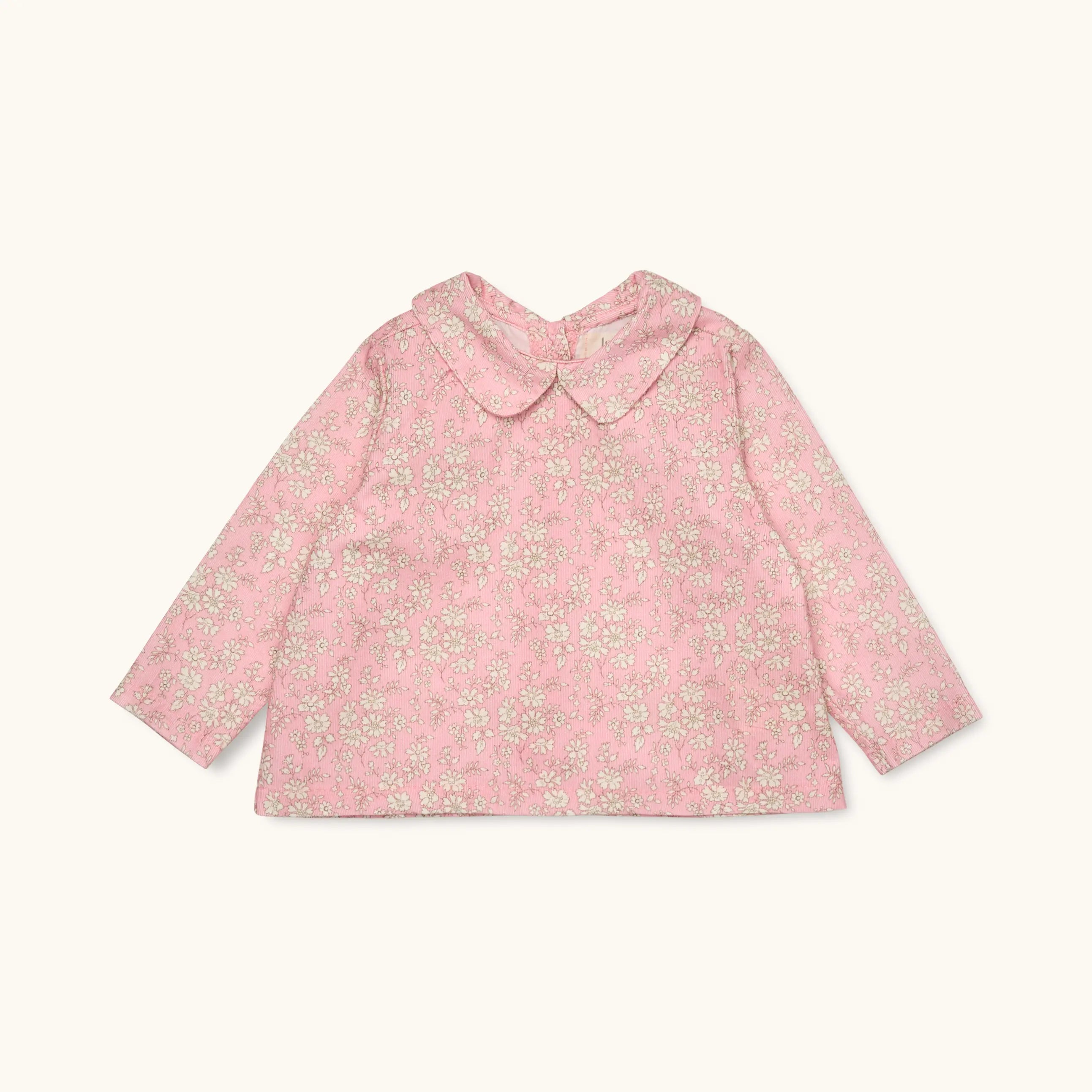 Lalaby Oya baby top in pink flower liberty cotton corduroy