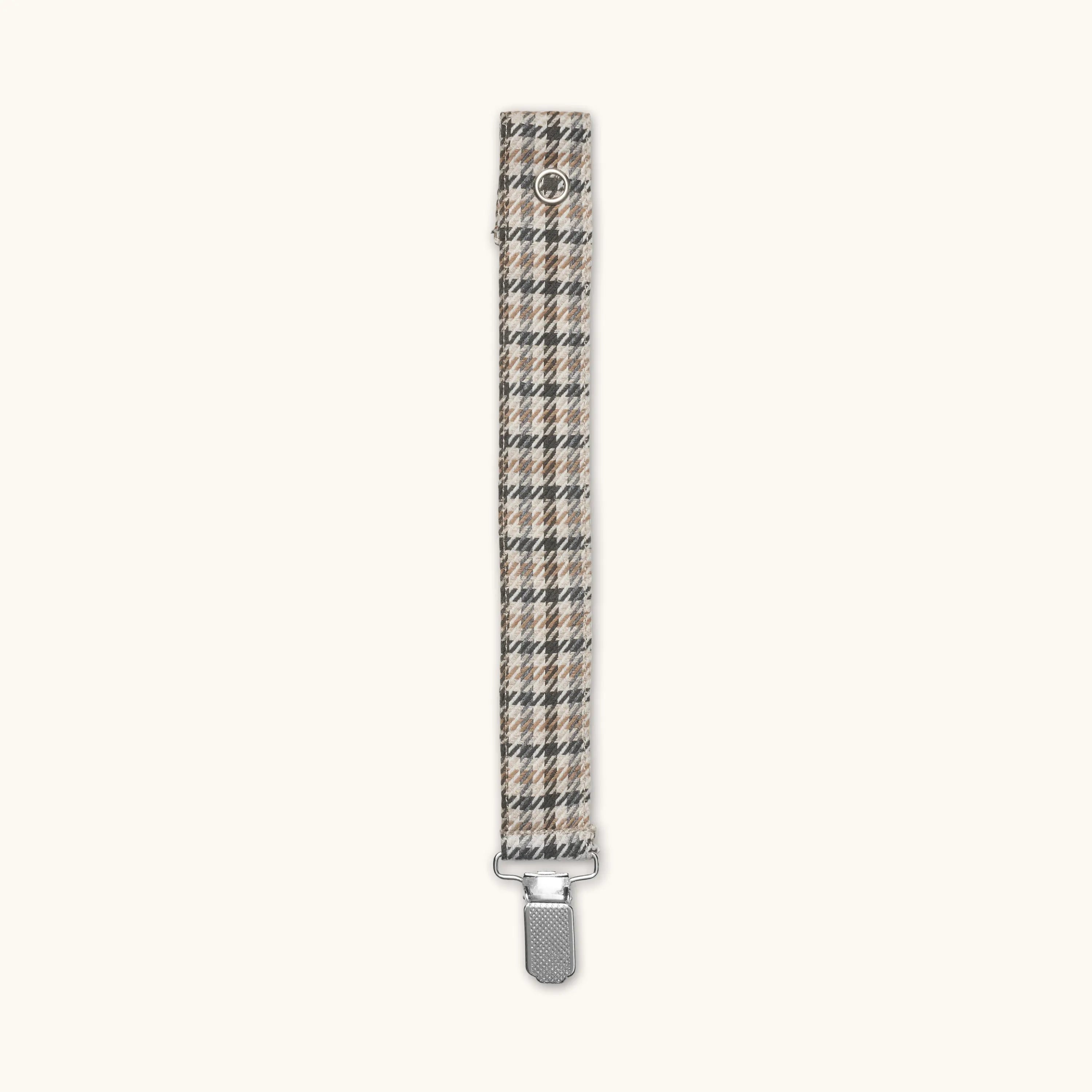 Lalaby pacifier clip for babies in tweedy check organic cotton, with a metal clip for attachment