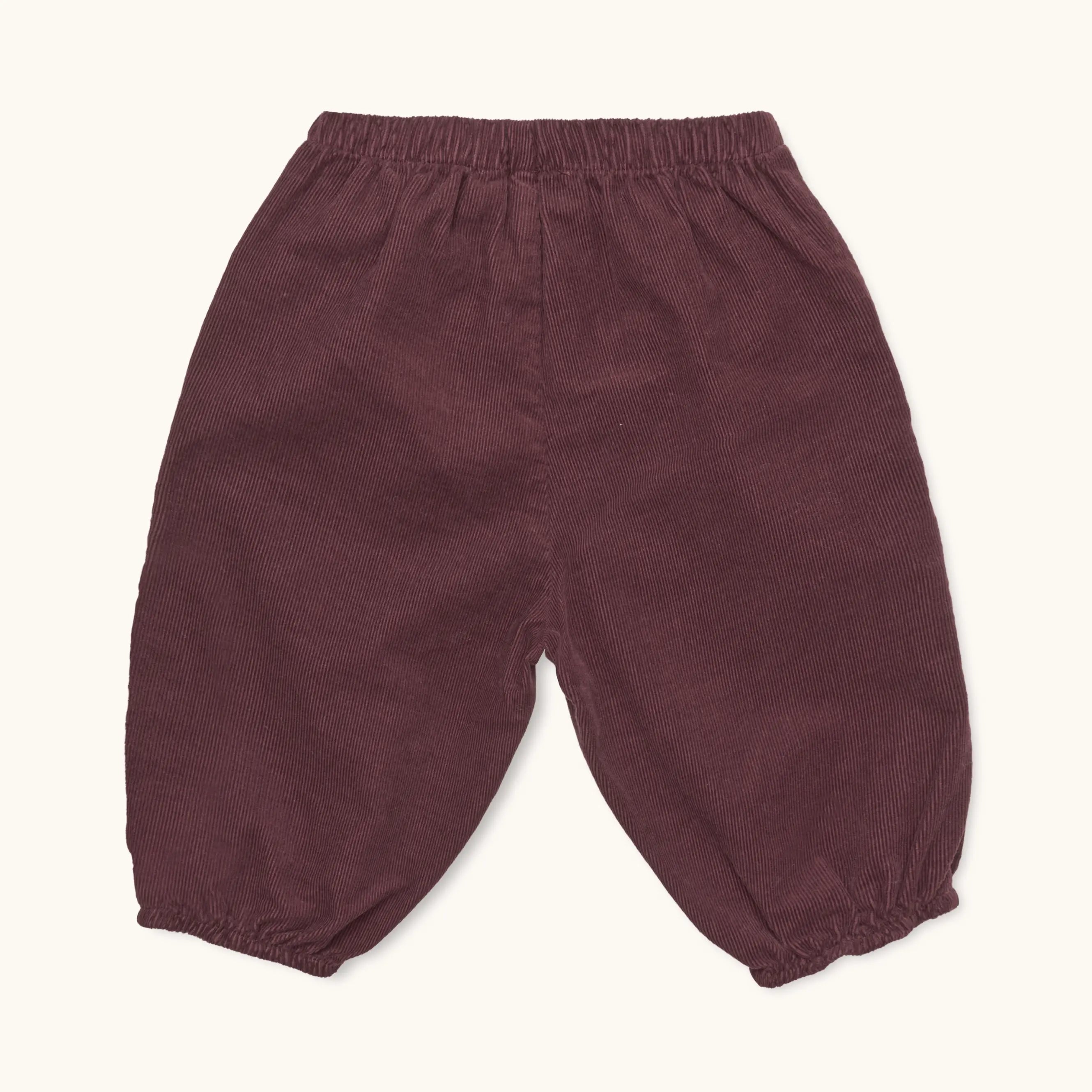 Lalaby Panda pants for babies in ruby red cotton baby cord
