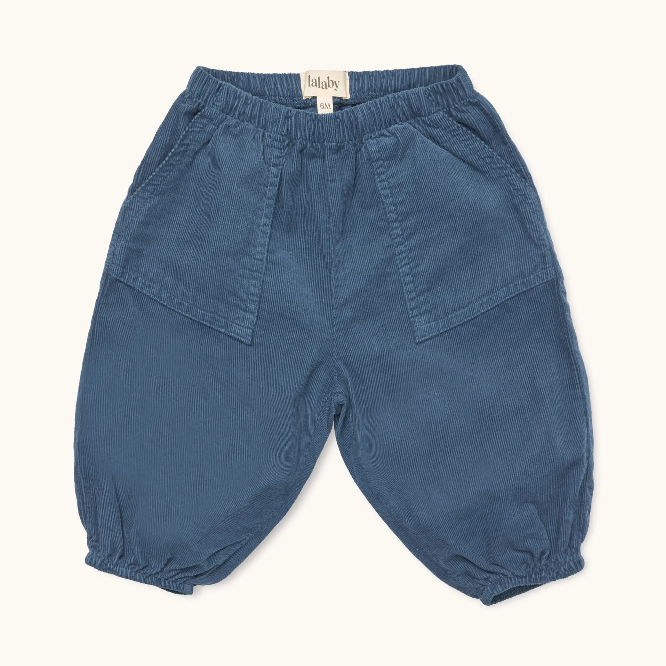 Lalaby Panda pants for babies in whale blue cotton baby cord