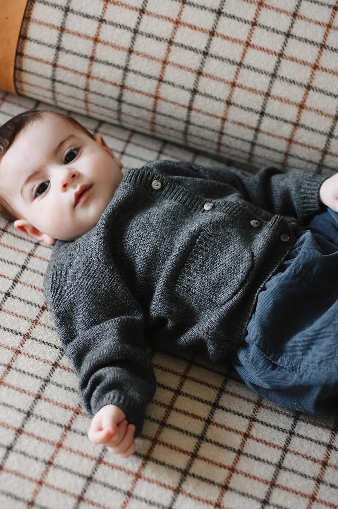 Baby boy wearing Lalaby Panda pants in whale blue cotton baby corduroy