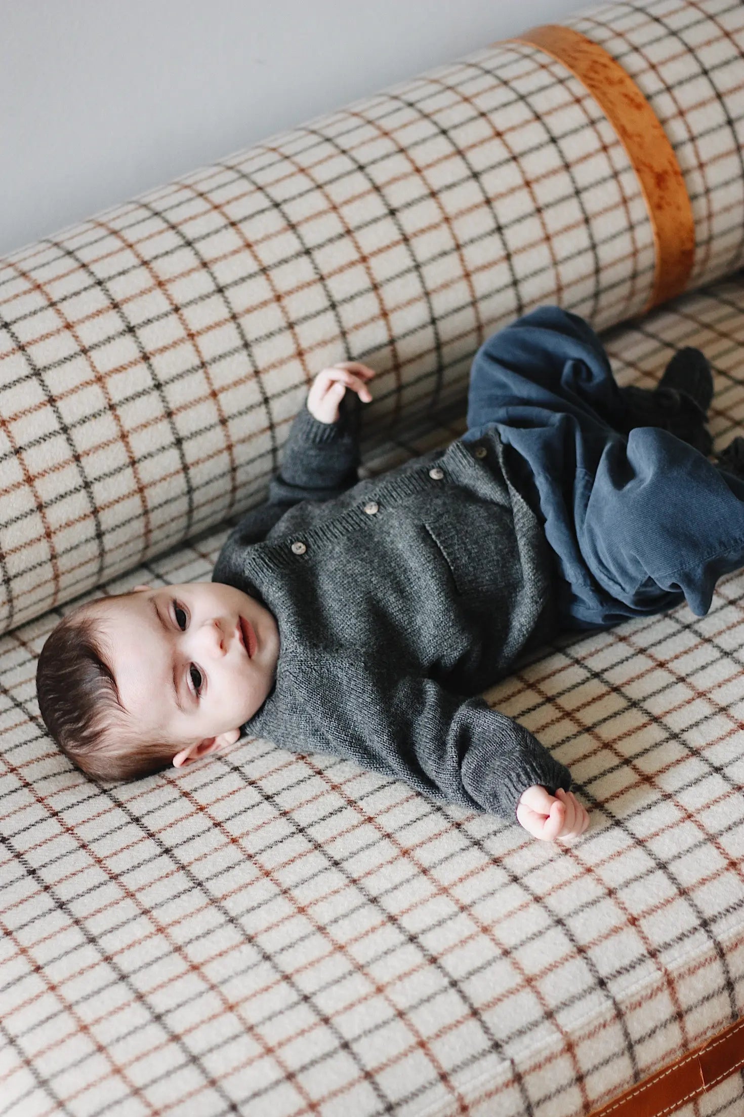 Baby boy wearing Lalaby Panda pants in whale blue cotton baby corduroy