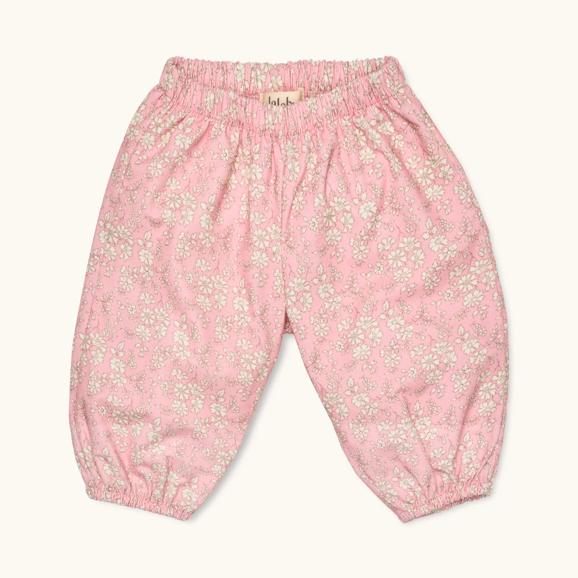 Lalaby Pixi pants for babies in pink flower liberty cotton corduroy