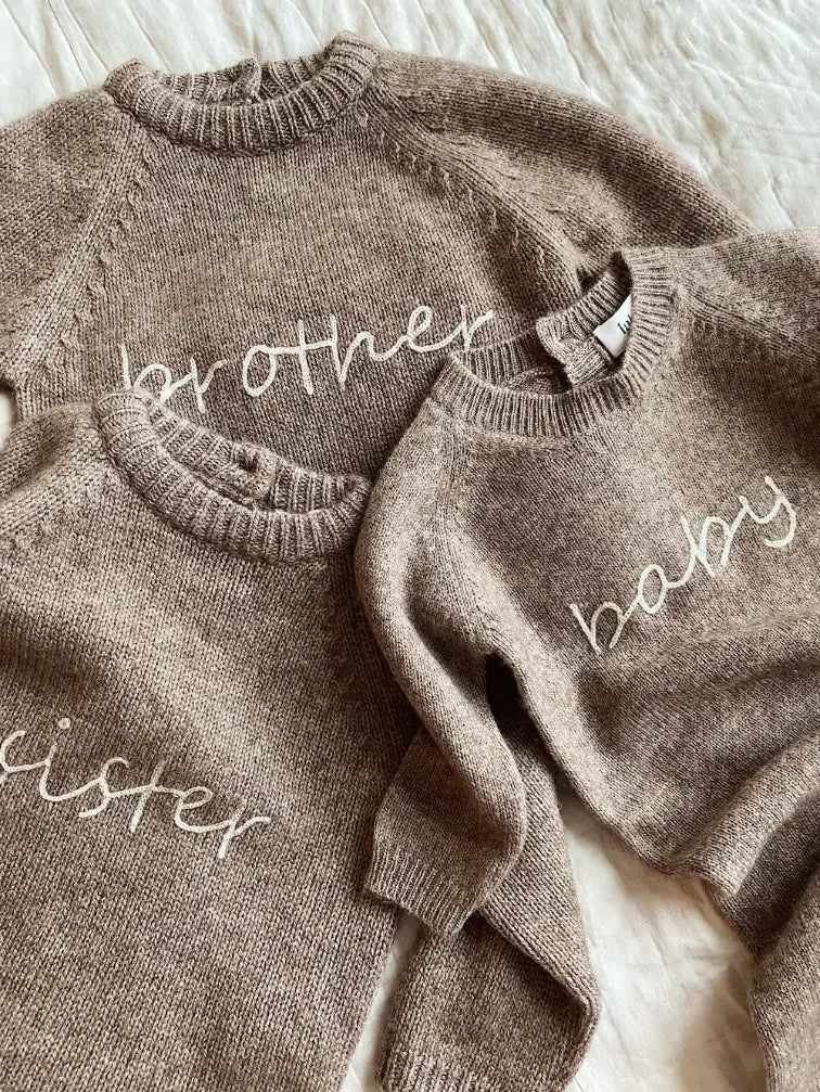 Lalaby Brother sweater and Sister sweater for kids, and aspen jumpsuit for babies in a millet brown baby wool, yak and cashmere blend