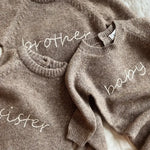Lalaby Brother sweater and Sister sweater for kids, and aspen jumpsuit for babies in a millet brown baby wool, yak and cashmere blend
