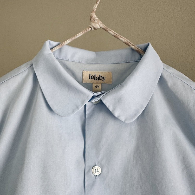 Close up of summer pj dress collar, from Lalaby, made from sky blue organic cotton