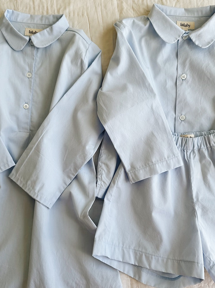 Lalaby summer pj set and nightgown in sky blue color for kids, made from organic cotton
