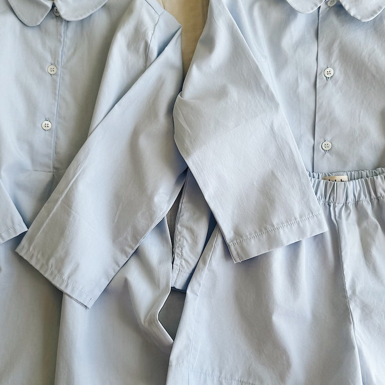 Lalaby summer pj set and nightgown in sky blue color for kids, made from organic cotton