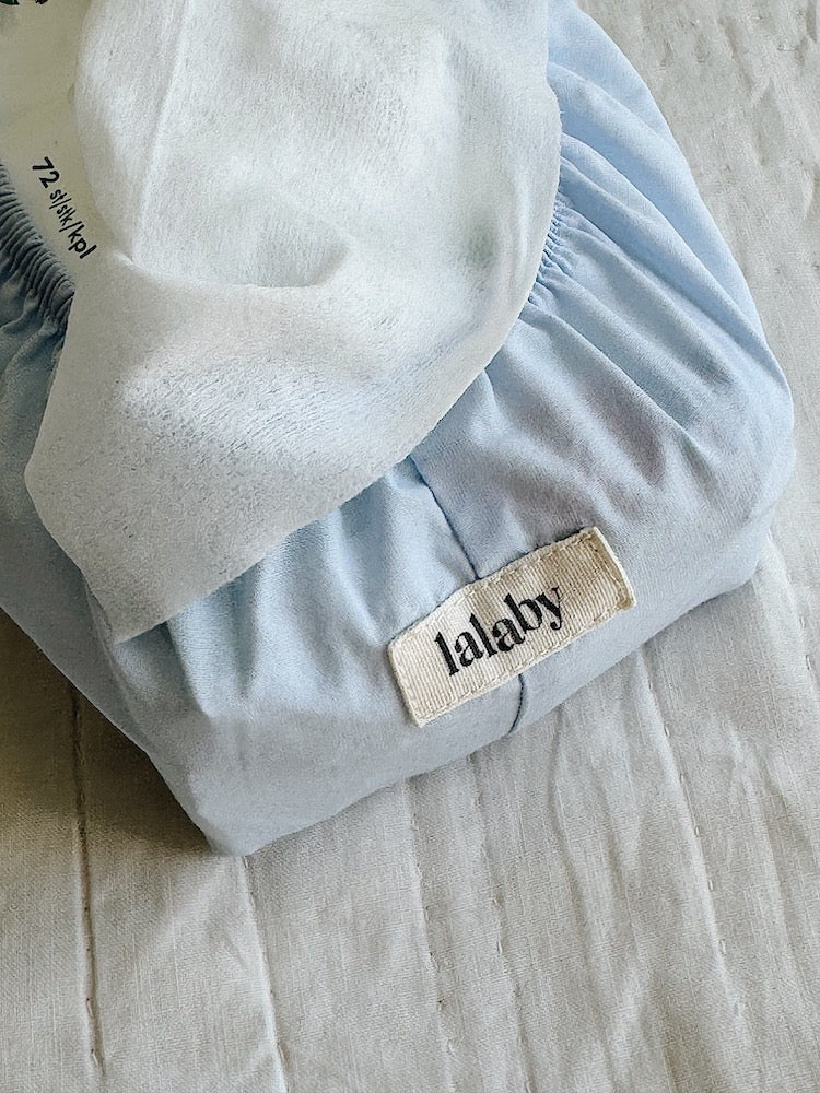Lalaby wet wipe cover in a sky blue color, made from 100% organic cotton