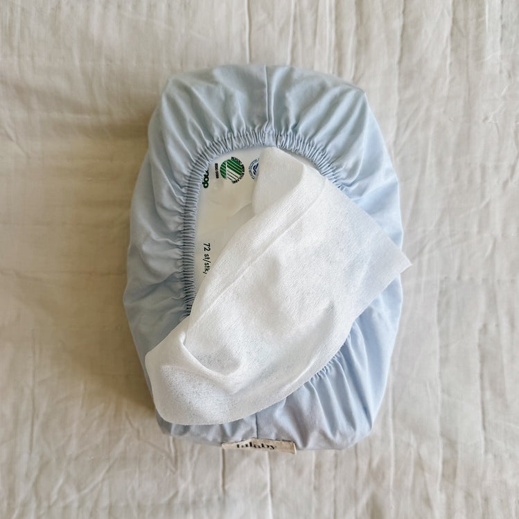 Lalaby wet wipe cover in a sky blue color, made from 100% organic cotton