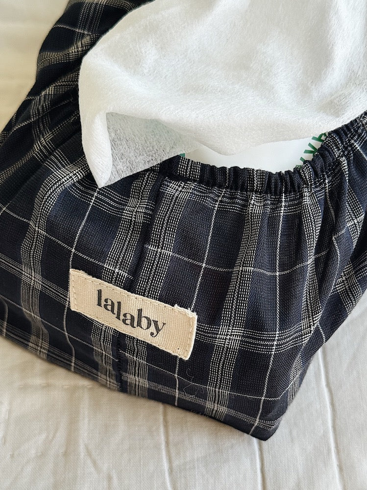 Lalaby wet wipe cover in blue check, made from 100% organic cotton
