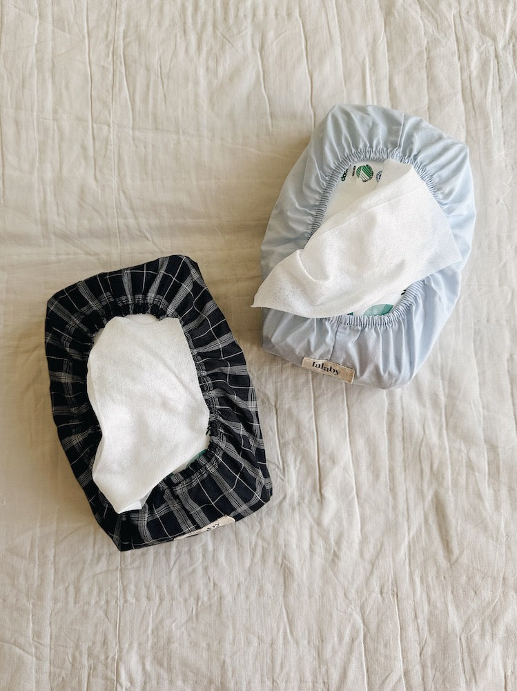 Lalaby wet wipe covers in blue check and sky blue