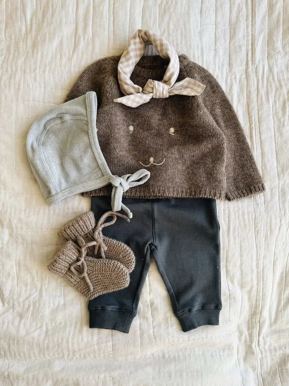Lalaby baby outfit with Winnie jumper for babies in a millet brown baby wool, yak and cashmere blend 