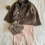 Lalaby baby outfit with Winnie jumper for babies in a millet brown baby wool, yak and cashmere blend 