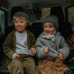 Boy wearing Lalaby Winston hat in storm grey cashmere