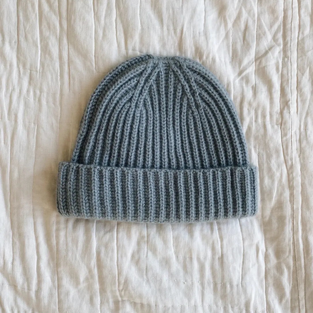 Lalaby Woody beanie for kids and adults in dove blue cashmere